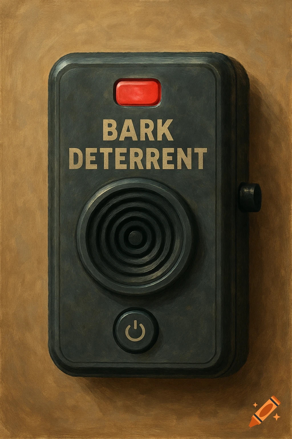 A black electronic device labeled 'BARK DETERRENT' with a speaker, red light, and power button on a brown surface.