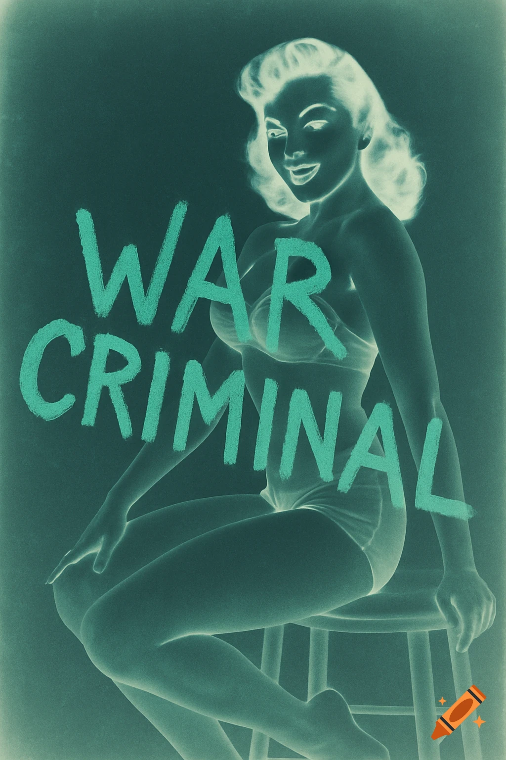 Photo negative of a vintage pin-up model sitting, with "WAR CRIMINAL" written across her in a greenish teal color.