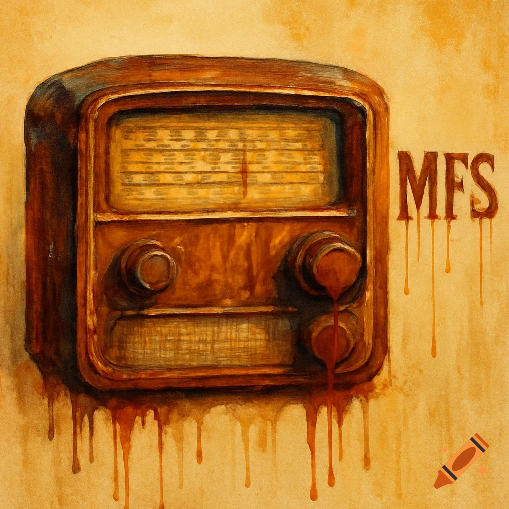 A painting of a vintage radio with dripping brown paint and the letters MFS next to it.