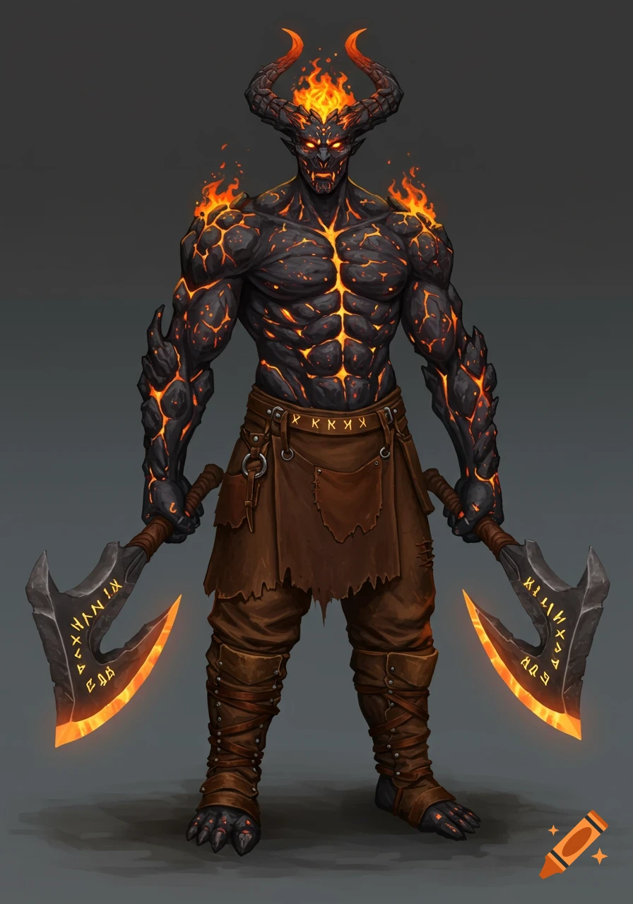 Runic Body Full body fantasy art of a muscular creature made of black volcanic ...