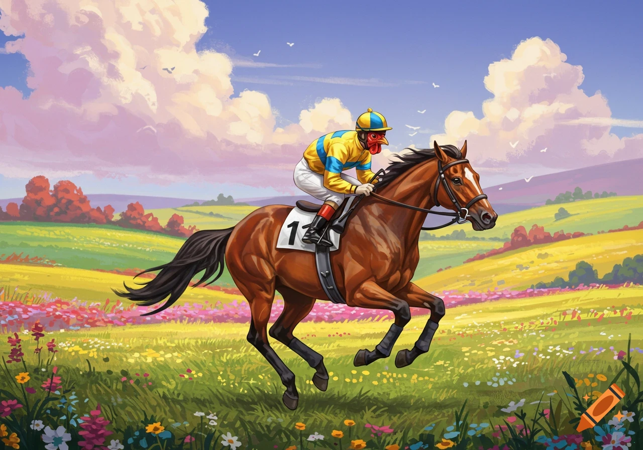 An illustration of a jockey with a chicken head riding a racehorse in a colorful field.