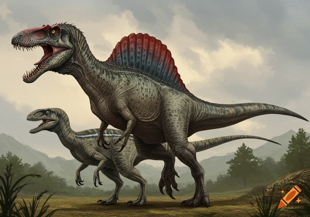Illustration of a large Spinosaurus-Trex hybrid and a smaller raptor in a prehistoric landscape.