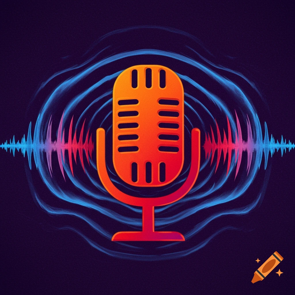 An orange microphone icon with blue and purple sound waves and bars on a dark background.