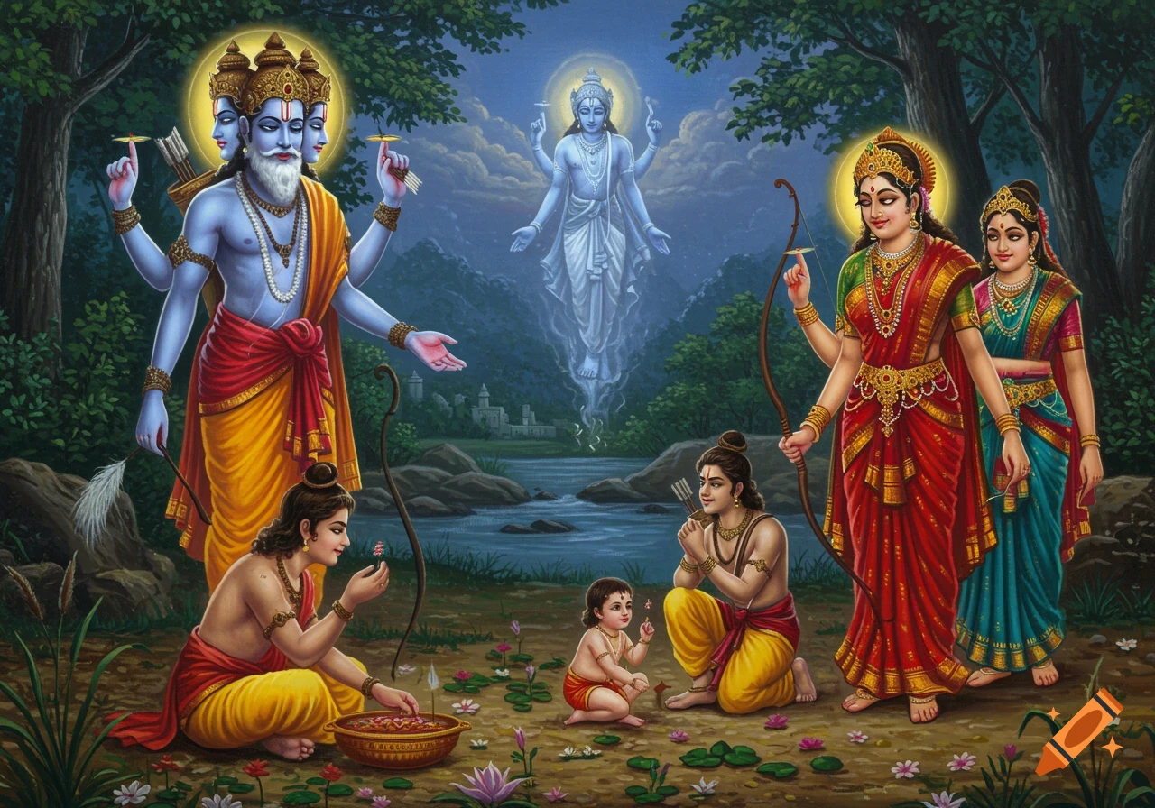 Painting of multiple Hindu deities including Brahma, Vishnu/Rama, Rama, Sita, Lakshmana, and a child in a forest by a river.