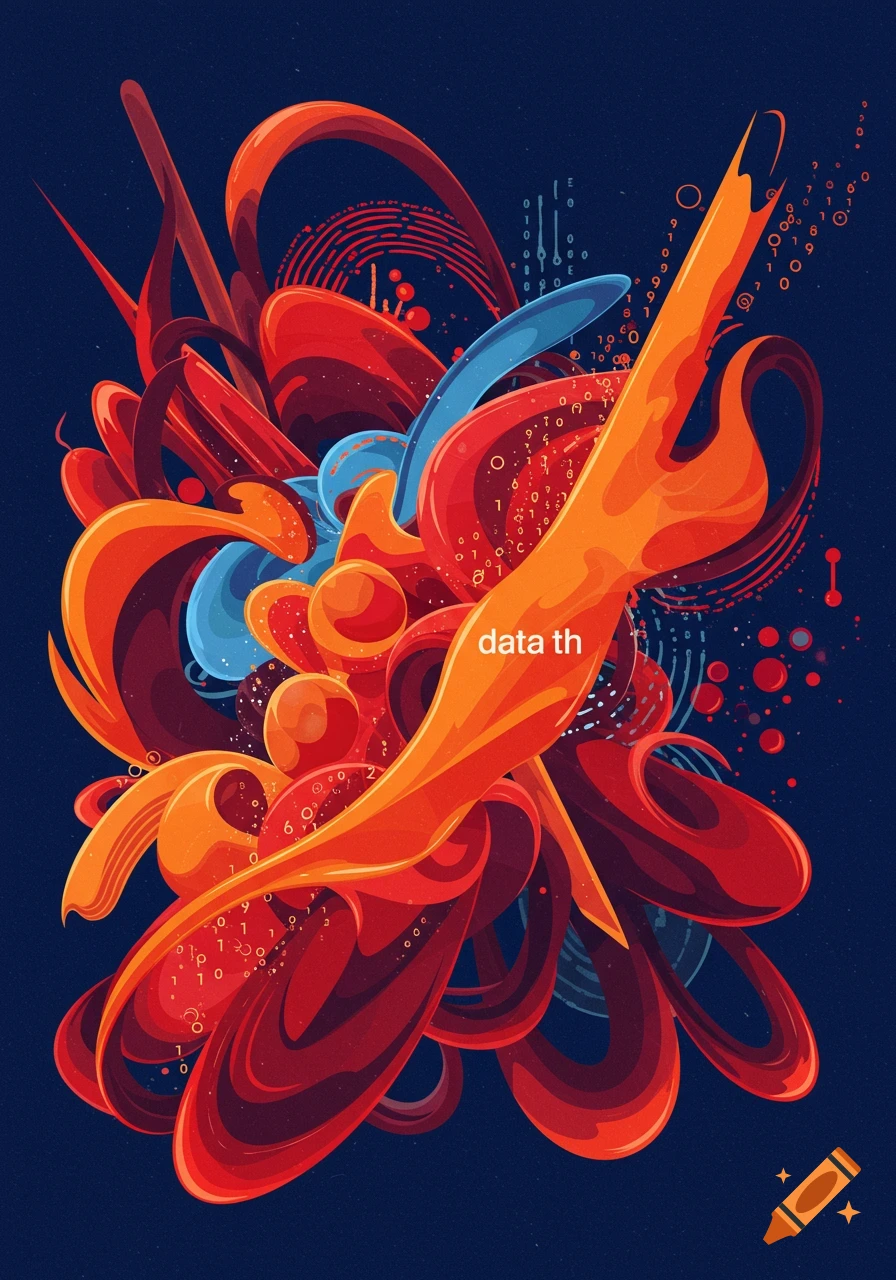 Abstract flowing shapes in red, orange, and blue with scattered numbers on dark blue