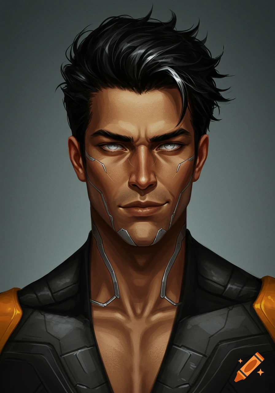 Close-up portrait of a futuristic man with cybernetic details on his face and neck.