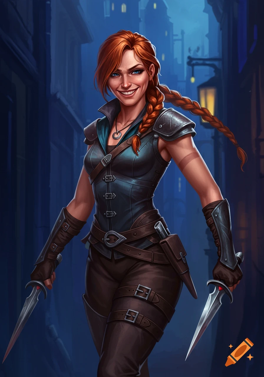 Fantasy art of a smiling female rogue with auburn braids, wearing leather armor and holding daggers in a dark alley.