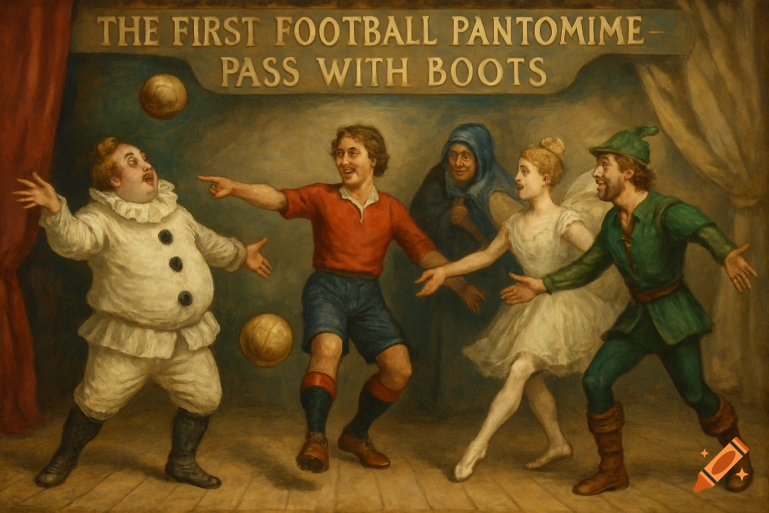 Old painting of costumed characters playing football on a stage with text overhead.