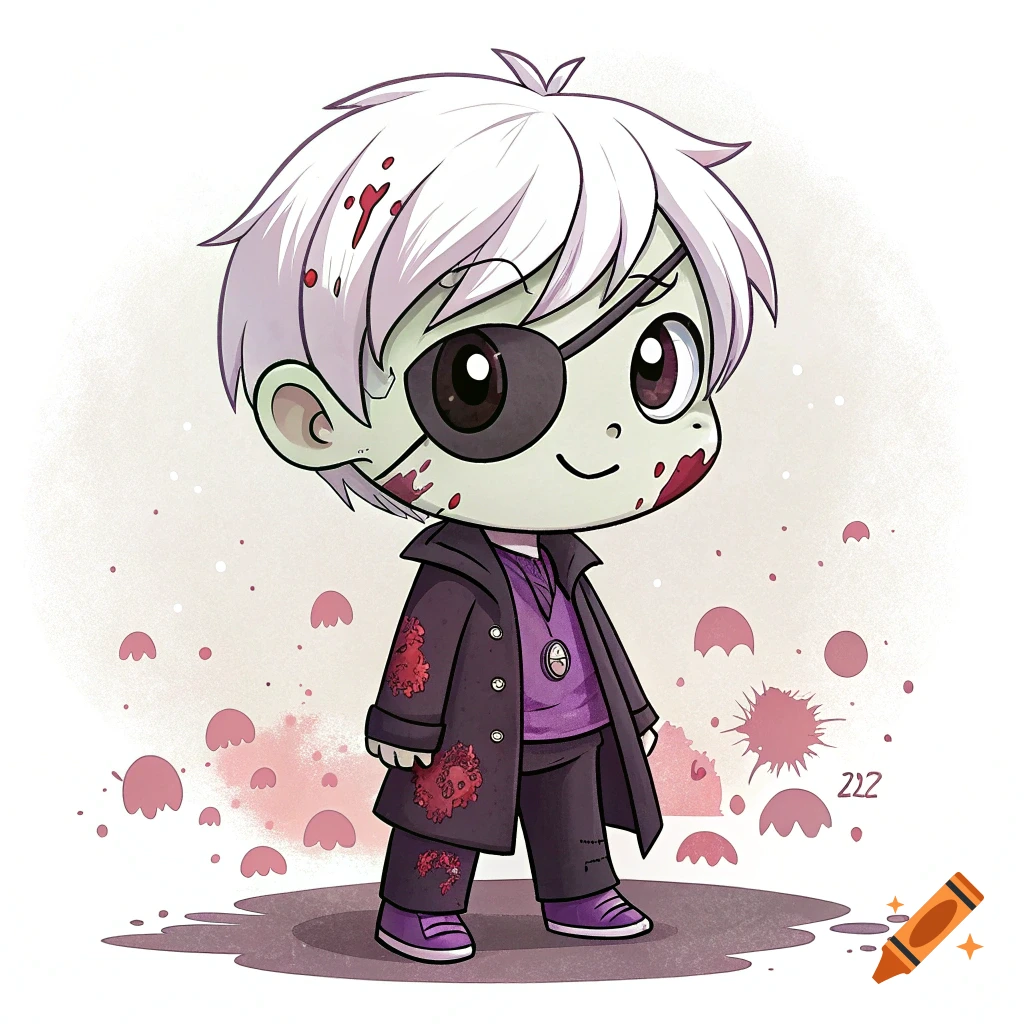 Chibi zombie boy with white hair, eye patch, blood splatters, and black and purple clothes in a stylized drawing.