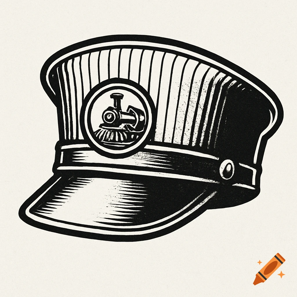 Black and white logo of a train conductor's hat with a train engine icon.