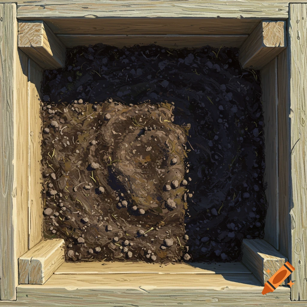 Overhead view of a wooden garden box filled with dark soil.