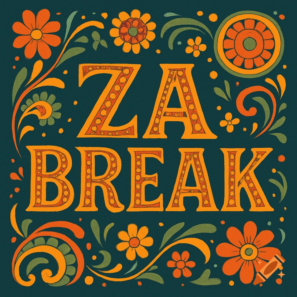 Decorative folk art design with orange text 'ZA BREAK' and floral patterns on a dark background.