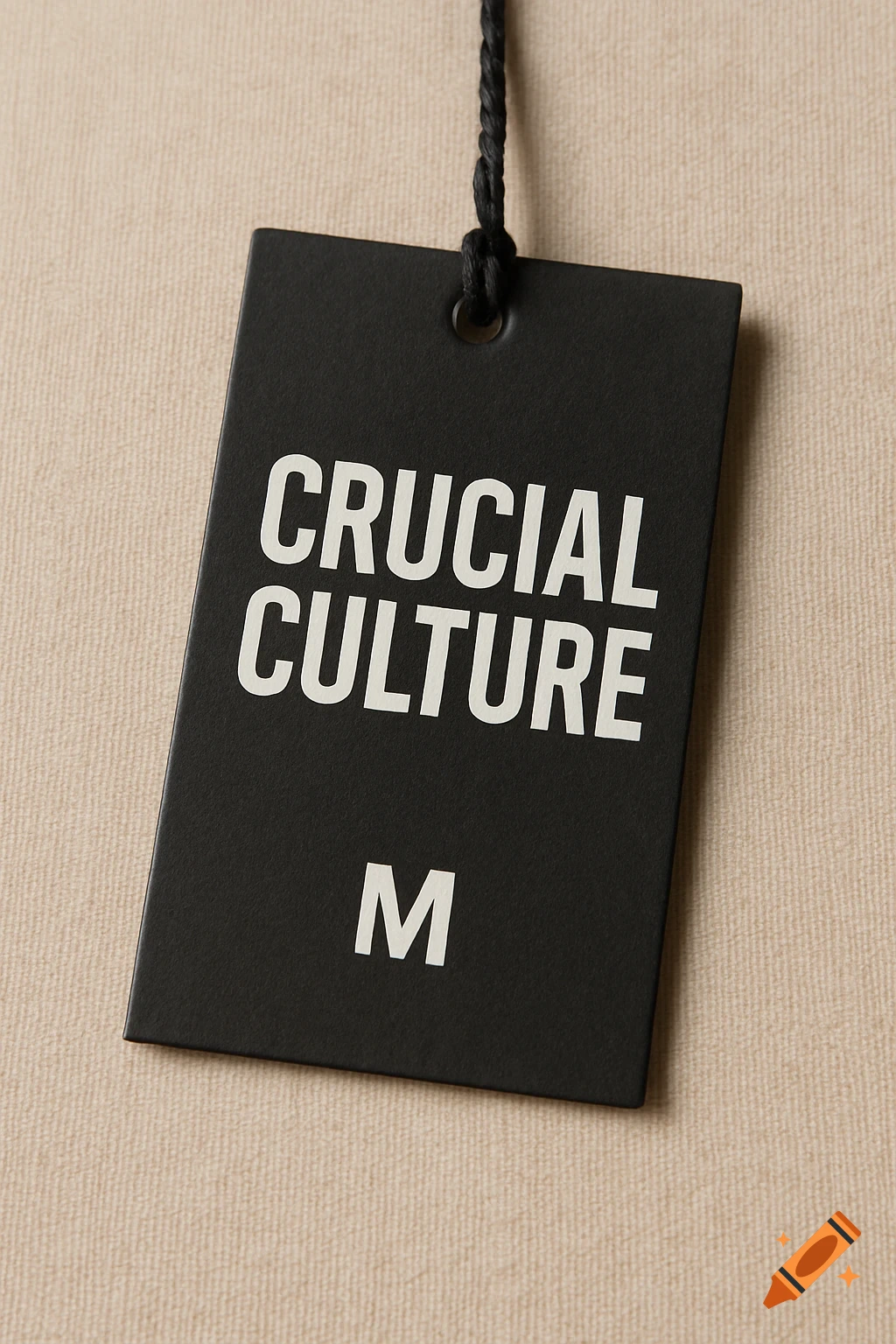 Close-up of a black clothing tag with white text 'CRUCIAL CULTURE' and 'M'