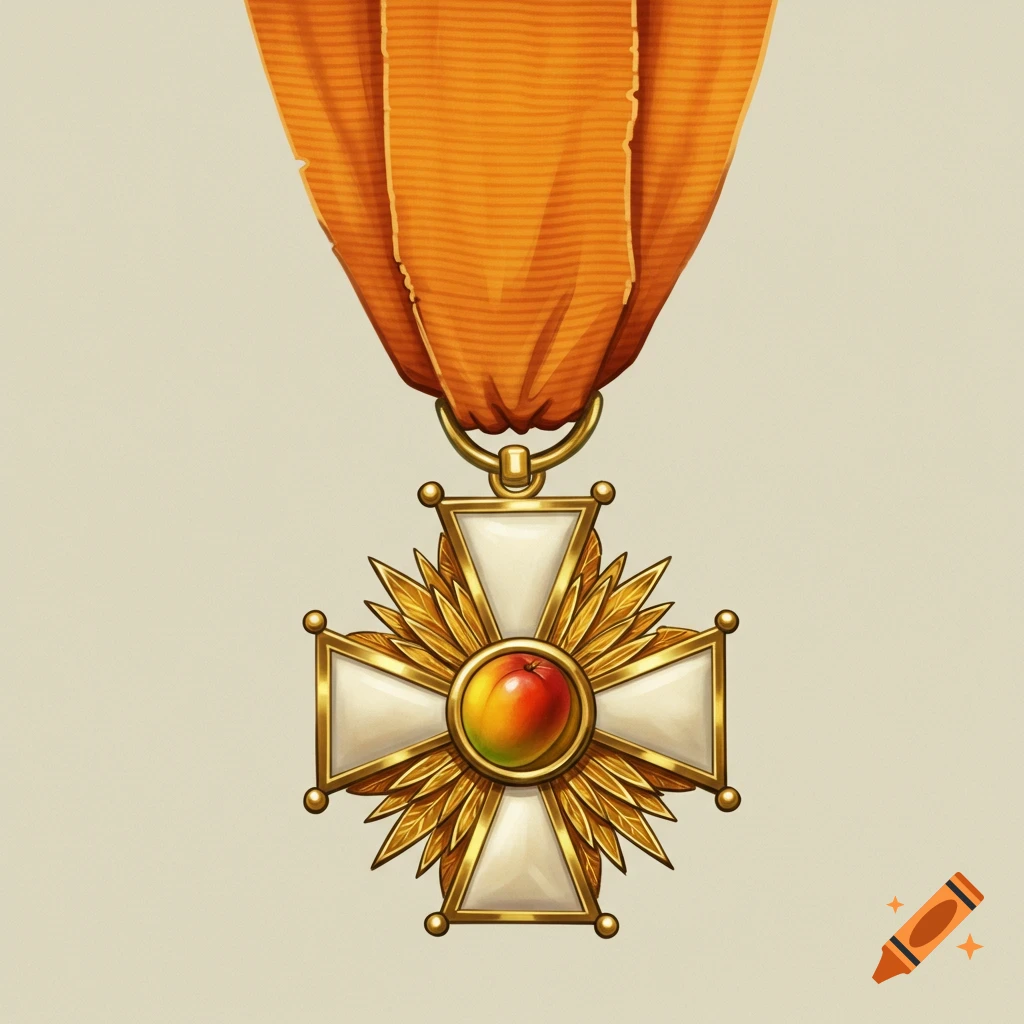 A golden medal with a white cross and a central image of a mango, suspended from an orange ribbon.
