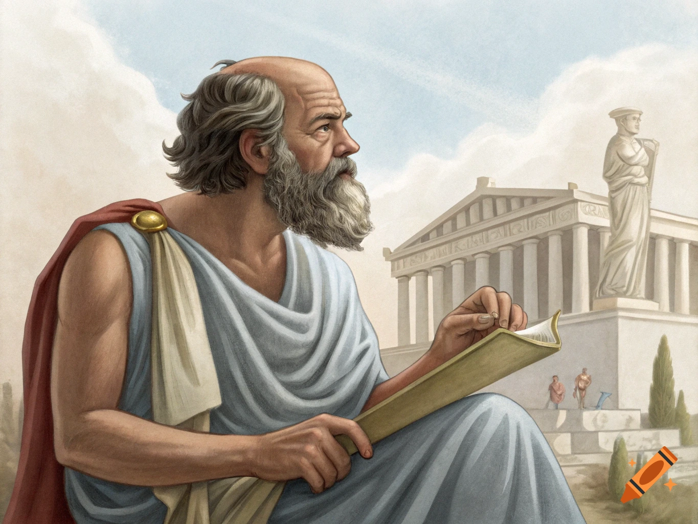 Illustration of Socrates in ancient Greek attire reading a book before a classical building.