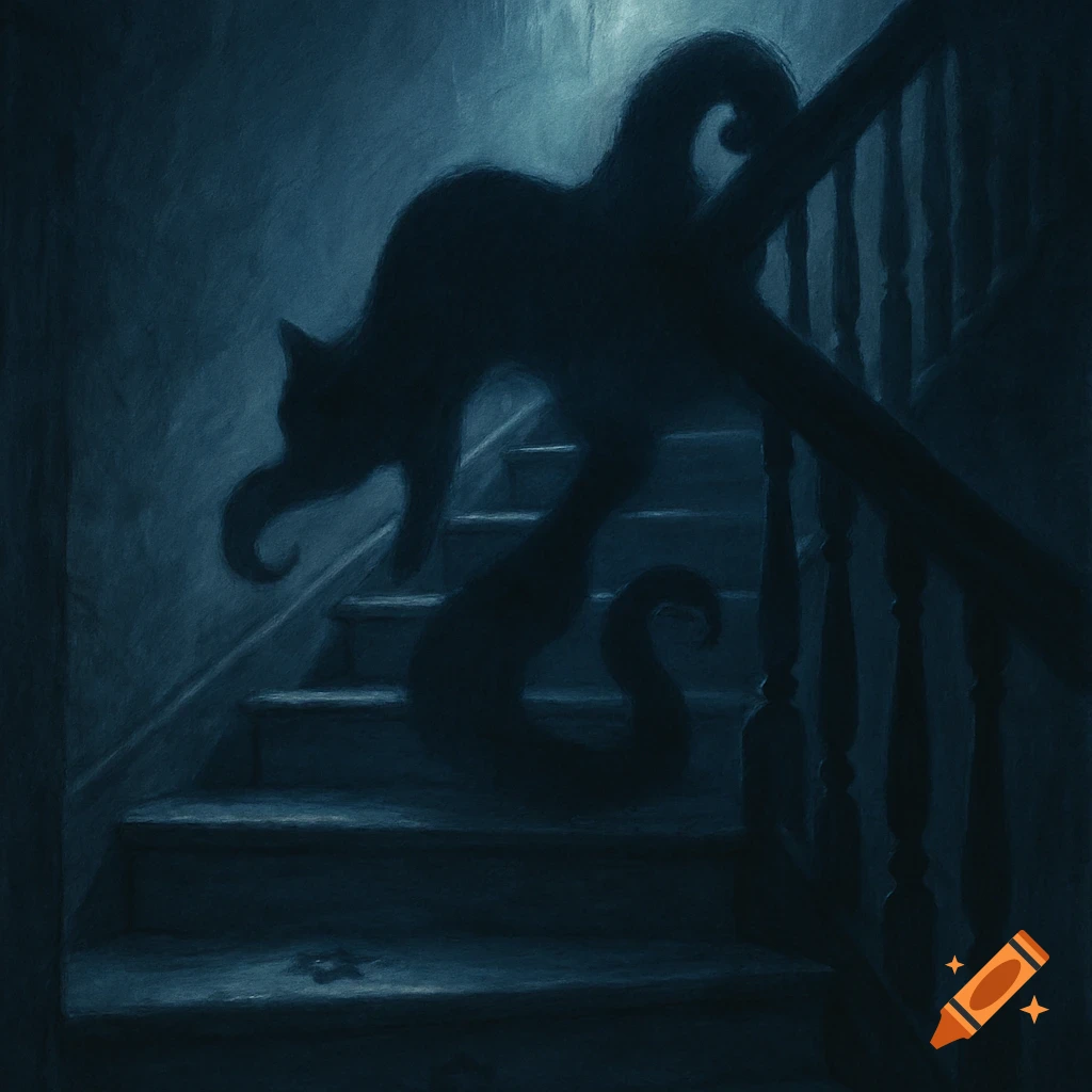 Shadowy cat creature on a dark staircase, mysterious and spooky.