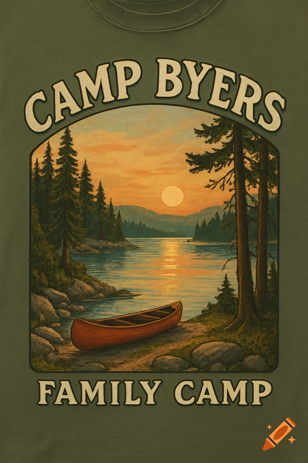 Vintage illustration of a lake sunset with trees, a canoe, and text "Camp Byers Family Camp".