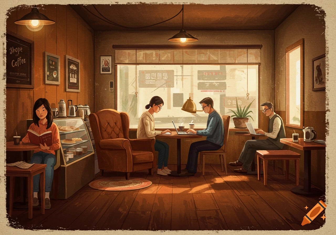 Illustration of people working and reading in a cozy coffee shop interior.