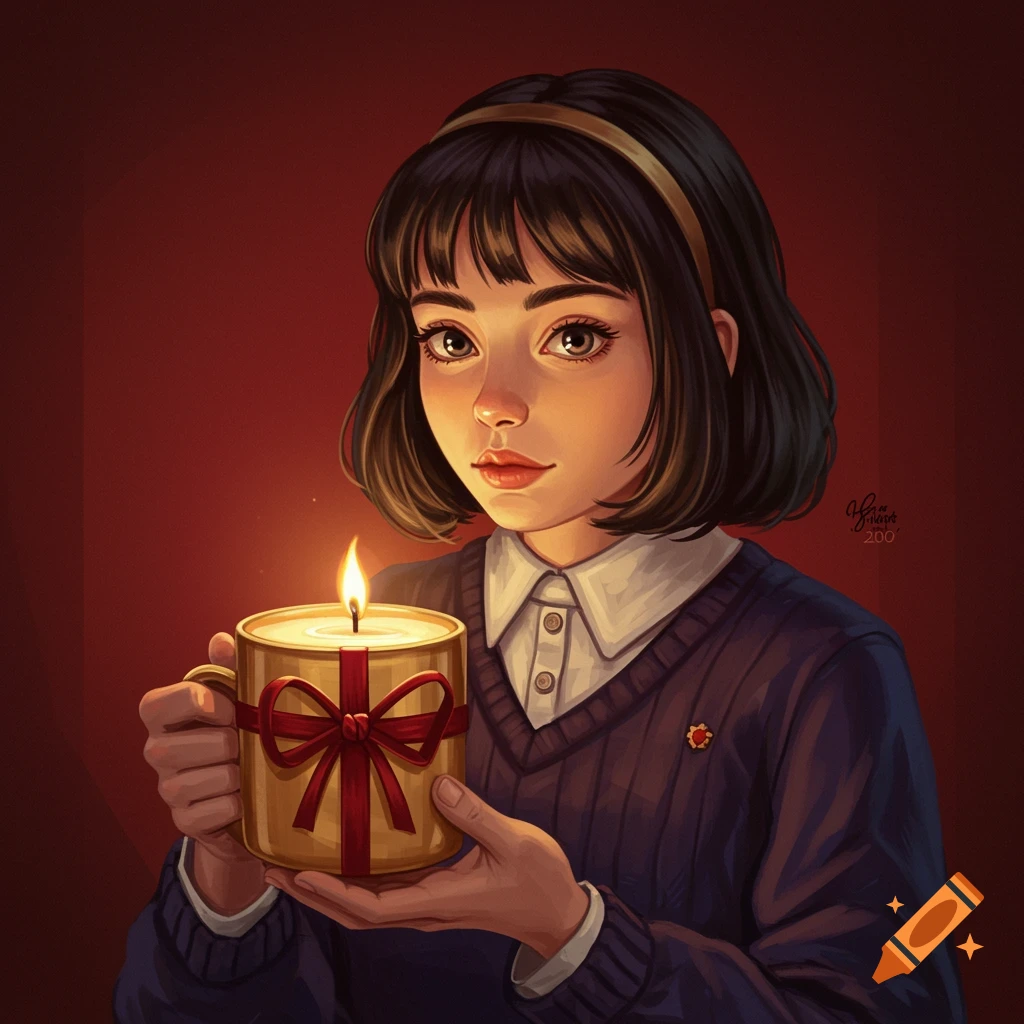 Illustration of a girl holding a candle in a mug.