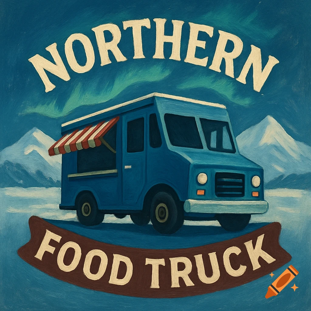 Painterly illustration of a northern food truck logo with aurora and mountains.