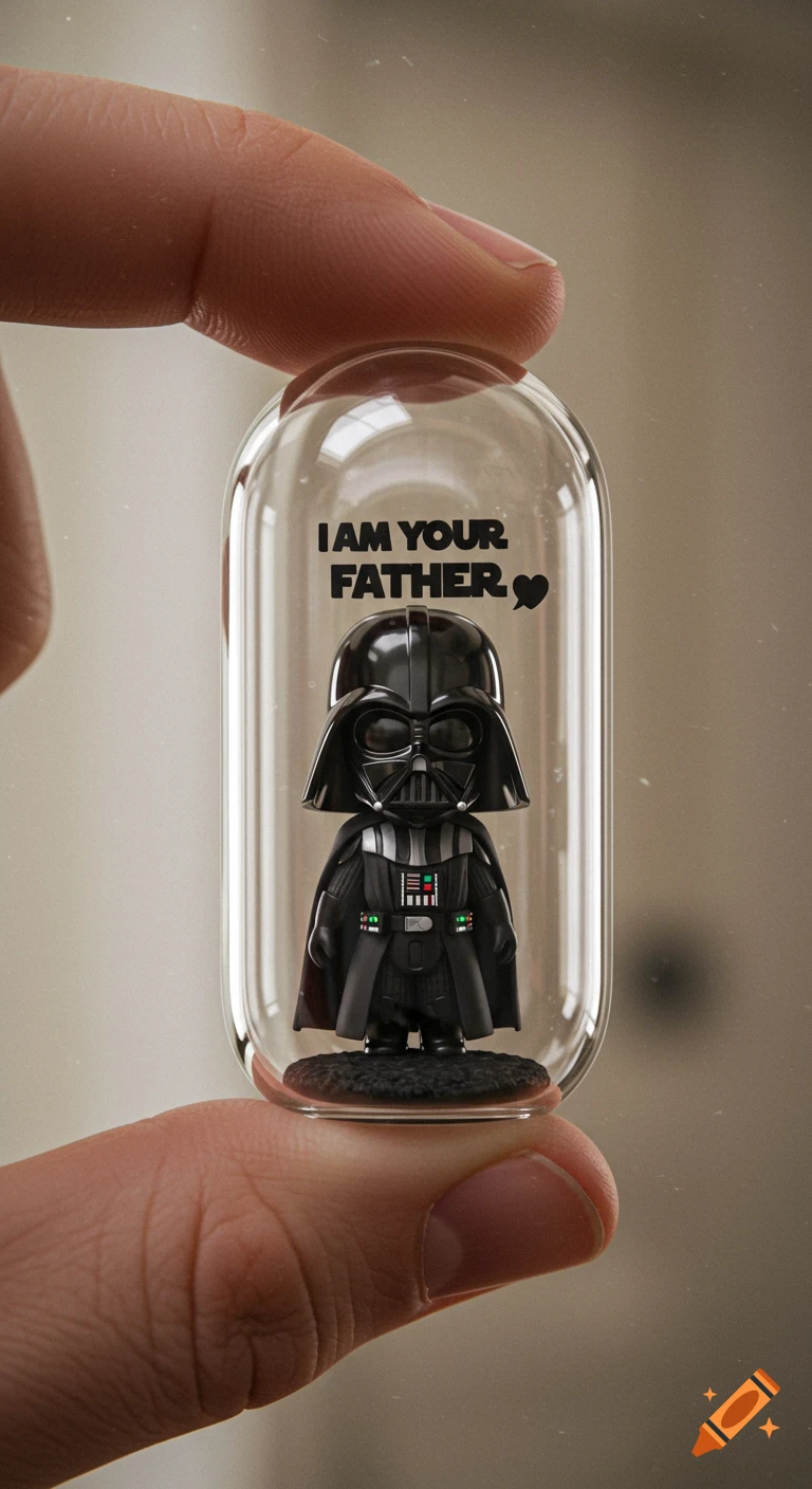 Photorealistic close-up of a miniature Darth Vader in a glass capsule held by fingers, with 'I AM YOUR FATHER' text inside.