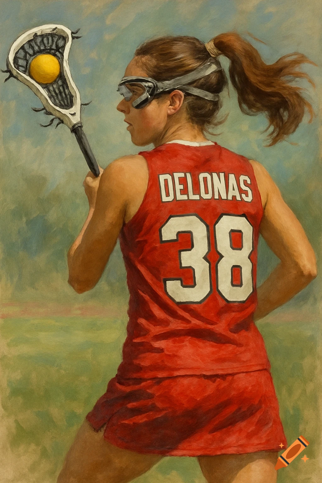 Painting of a female lacrosse player from behind, wearing a red jersey with Delonas and 38 on the back, holding a stick with the ball.