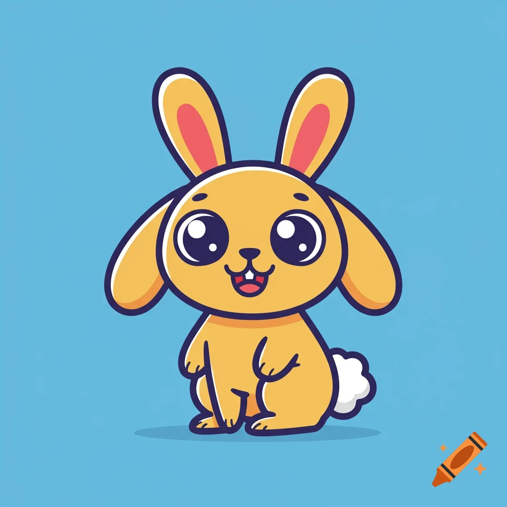 A cute flat cartoon bunny sitting on a blue background.