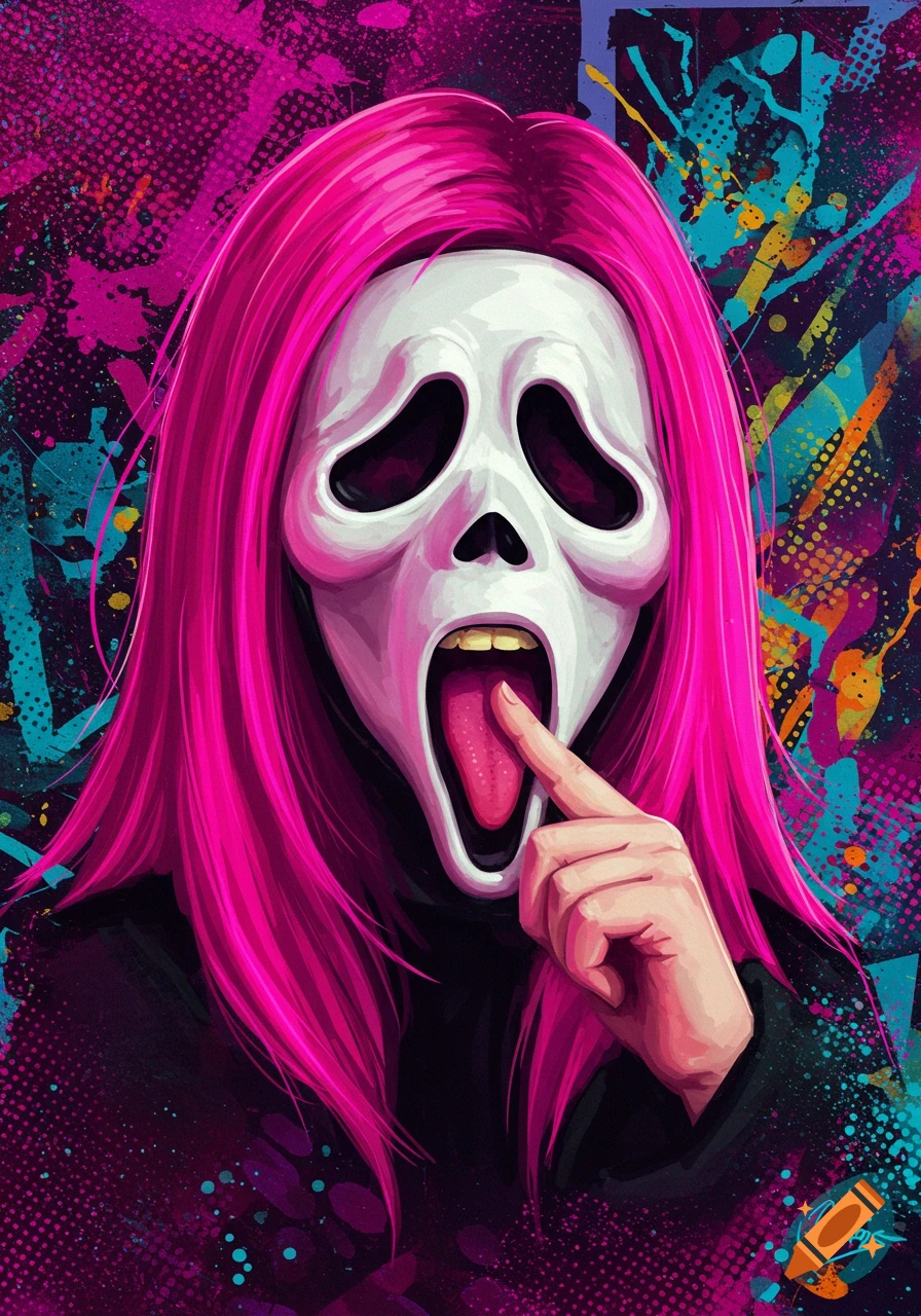 Figure in Ghostface mask with pink hair touching tongue, vibrant splatter art style