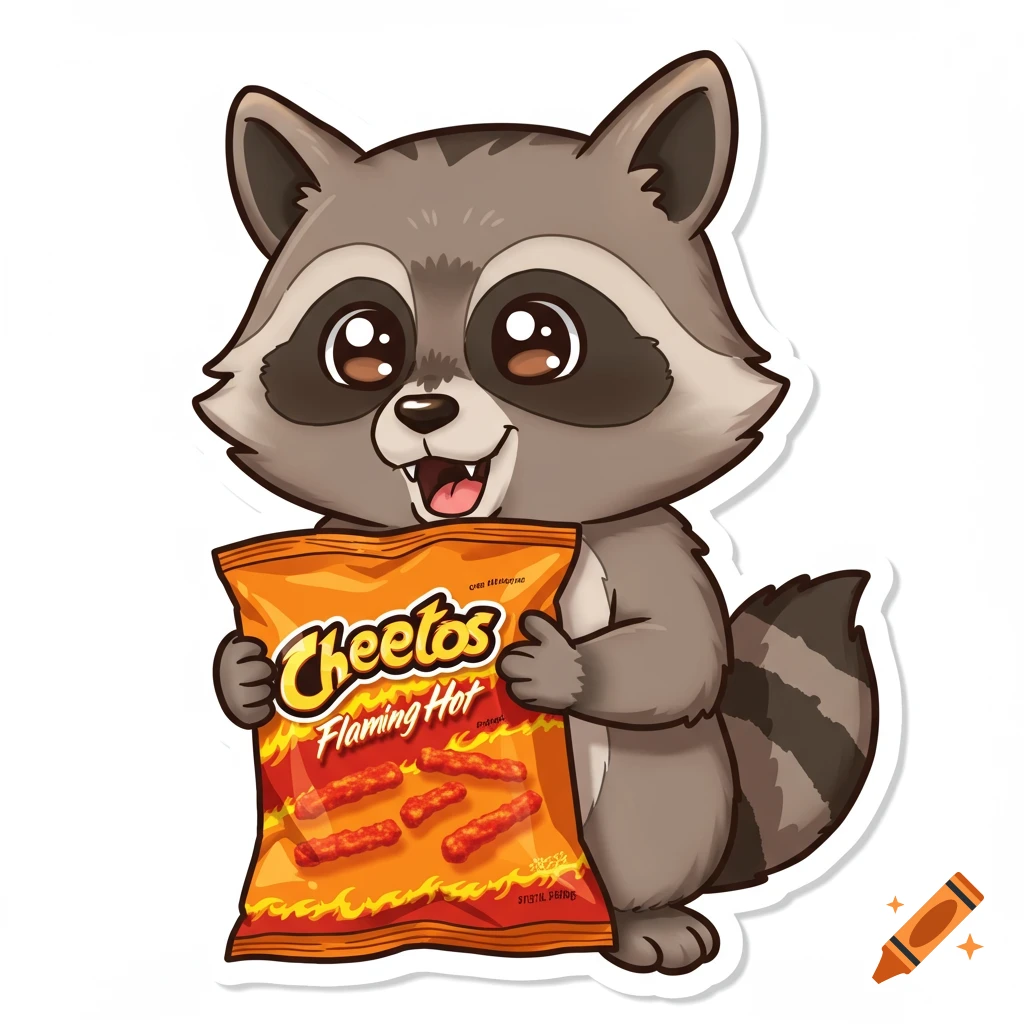Cartoon raccoon holding a bag of Cheetos sticker
