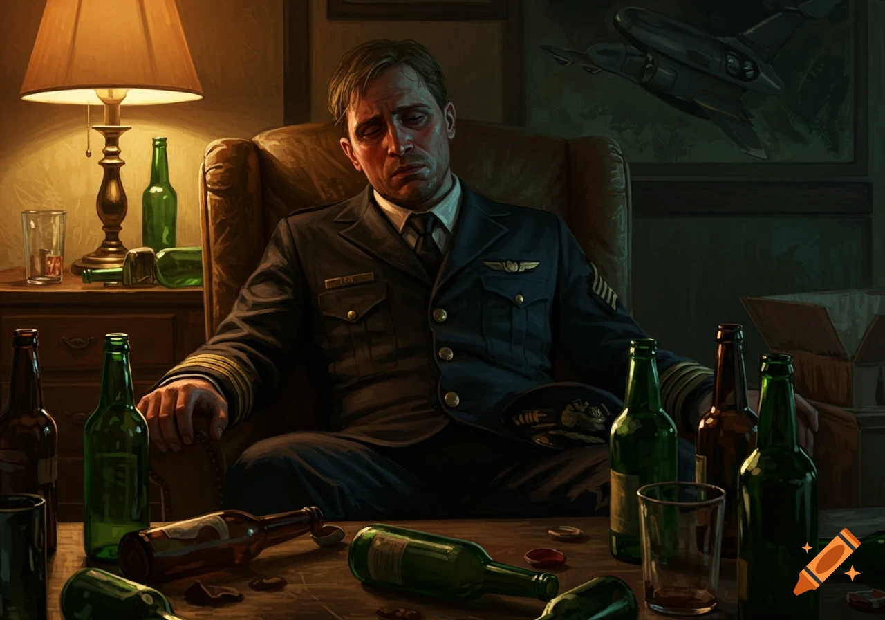 A digital painting of a sad pilot in uniform sitting among empty bottles