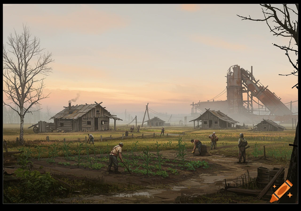 Rustic Workers Workers farm near rustic wooden houses and a large ruined structure ...