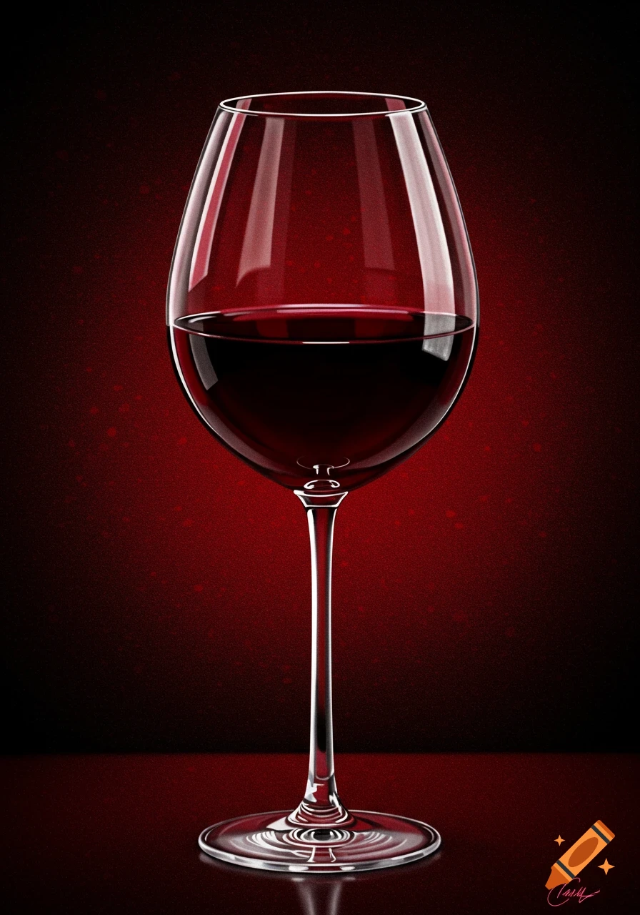 A realistic illustration of a glass of red wine on a red background.