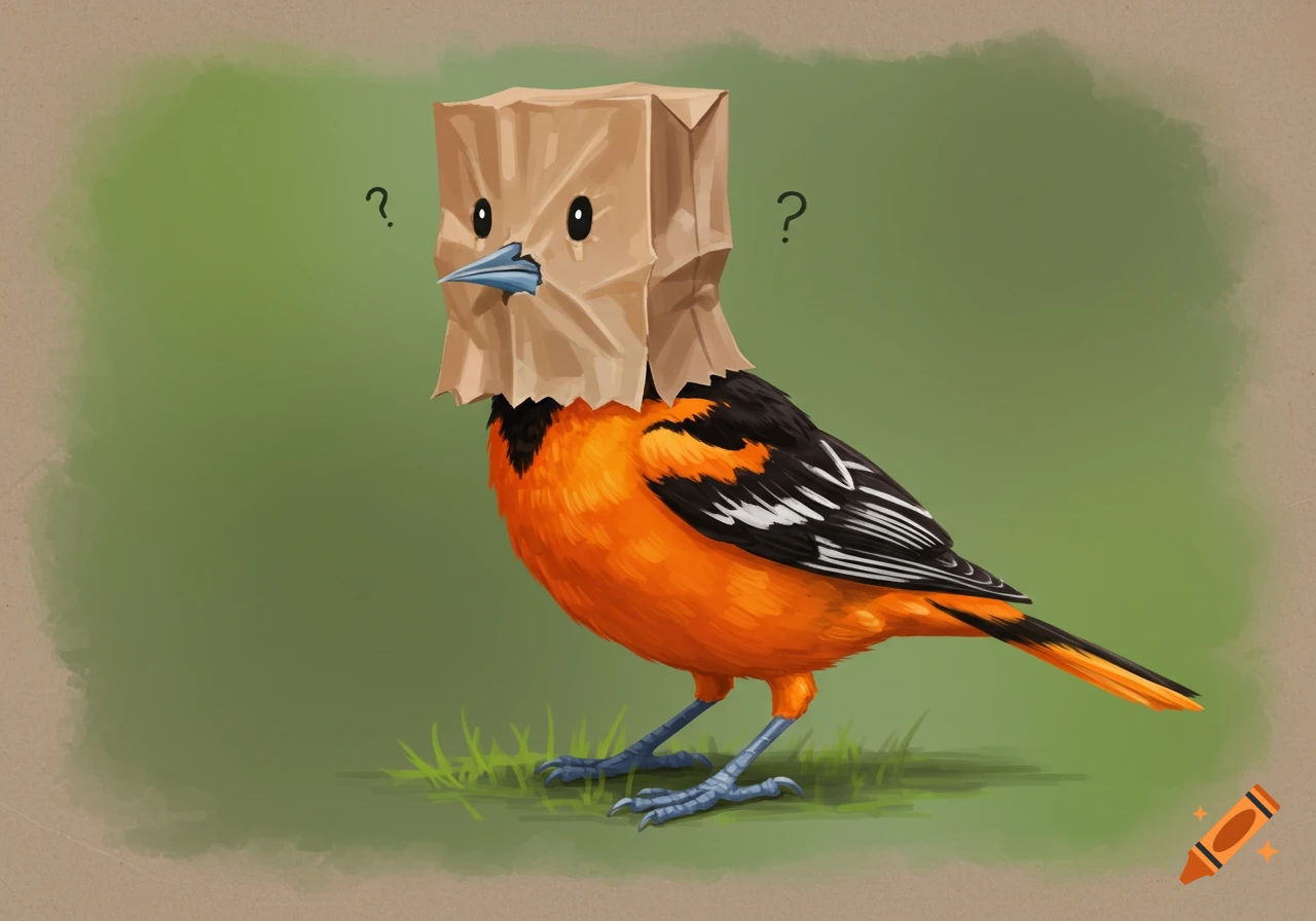 An illustration of an oriole bird wearing a paper bag over its head with question marks floating nearby.