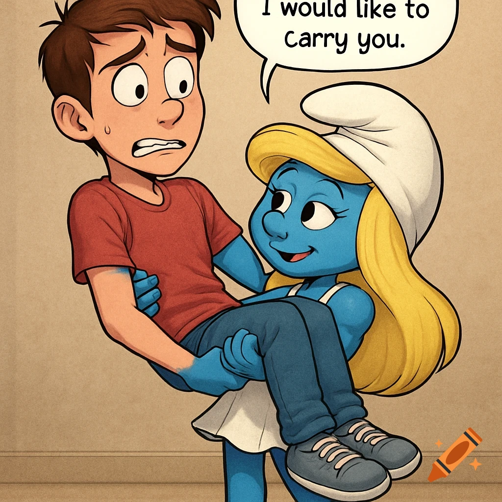 A cartoon boy looking scared is being carried by a smiling Smurfette in a speech bubble that says, "I would like to carry you."