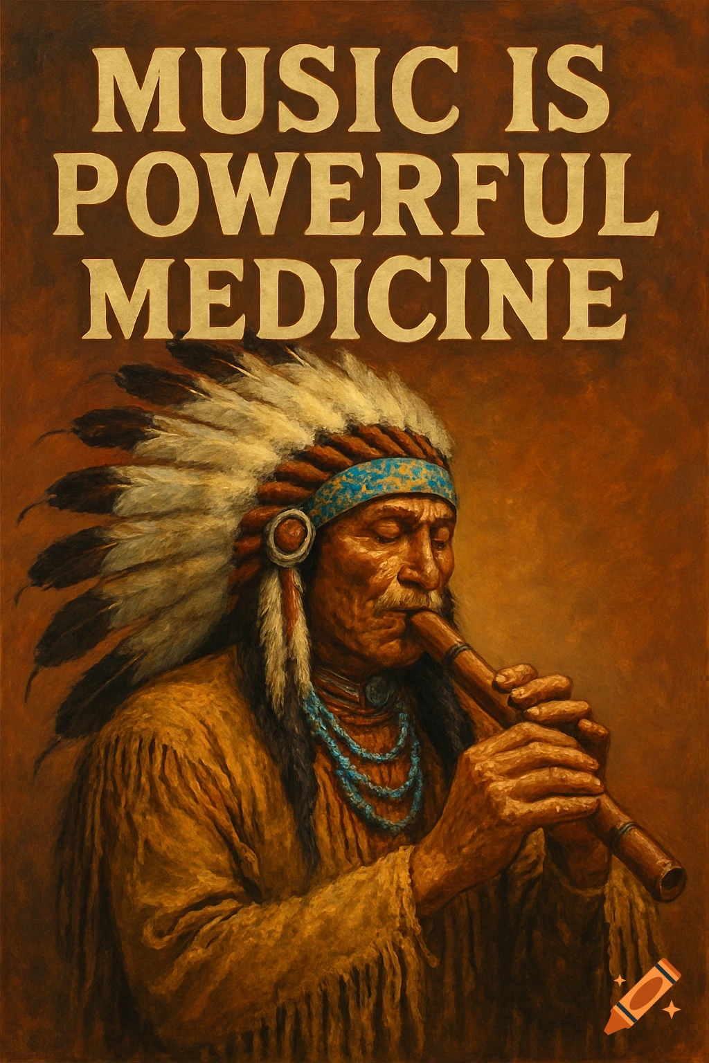 A painterly portrait of an elderly Native American man in a feathered headdress playing a flute, with the text "MUSIC IS POWERFUL MEDICINE" above him.