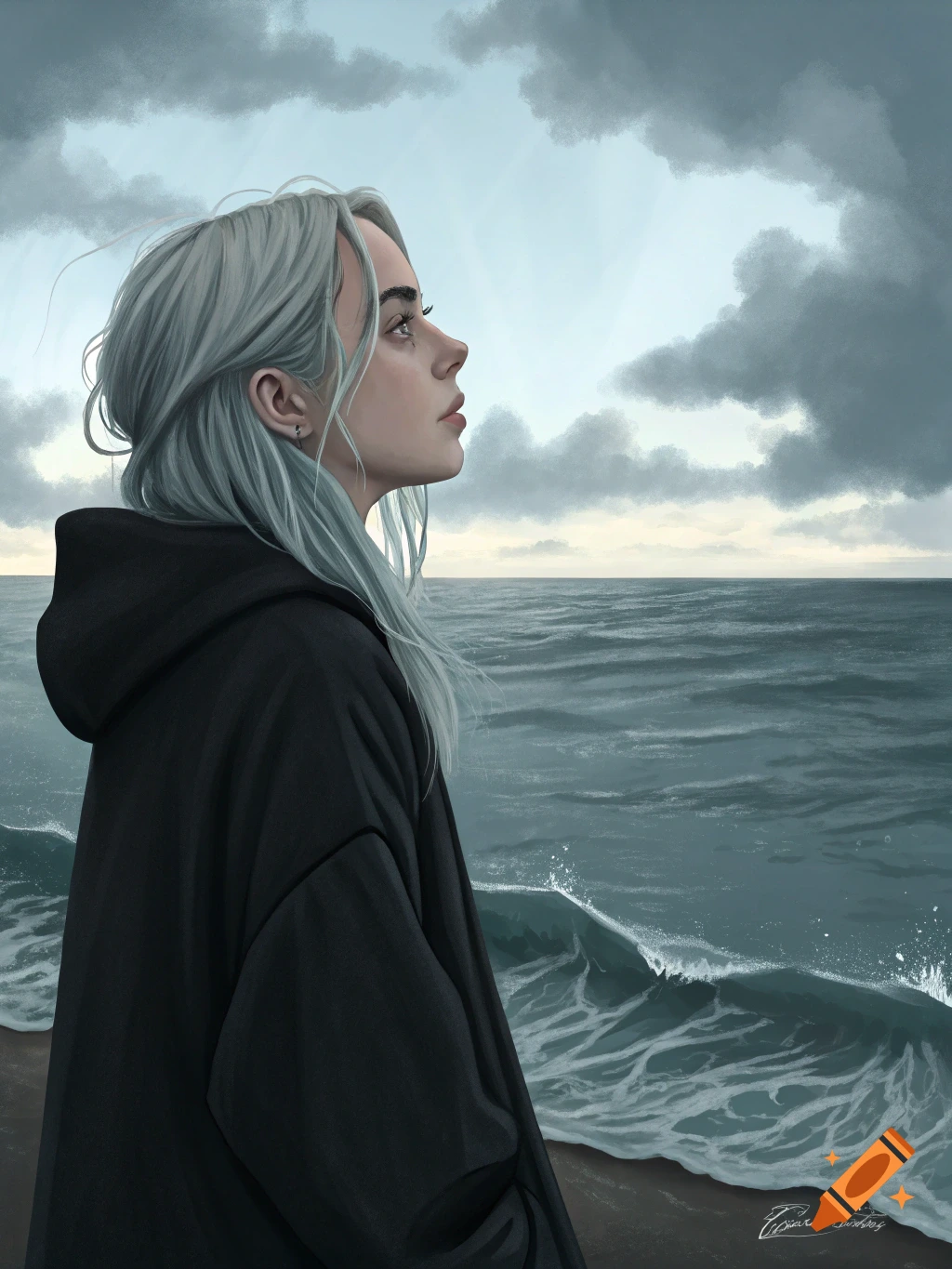 Illustration of a woman with light grey hair looking up at a cloudy sky by the sea.