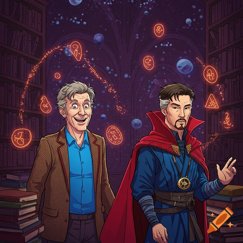 Dr. Who and Dr. Strange stand in a magical library surrounded by glowing symbols and books, cartoon style.