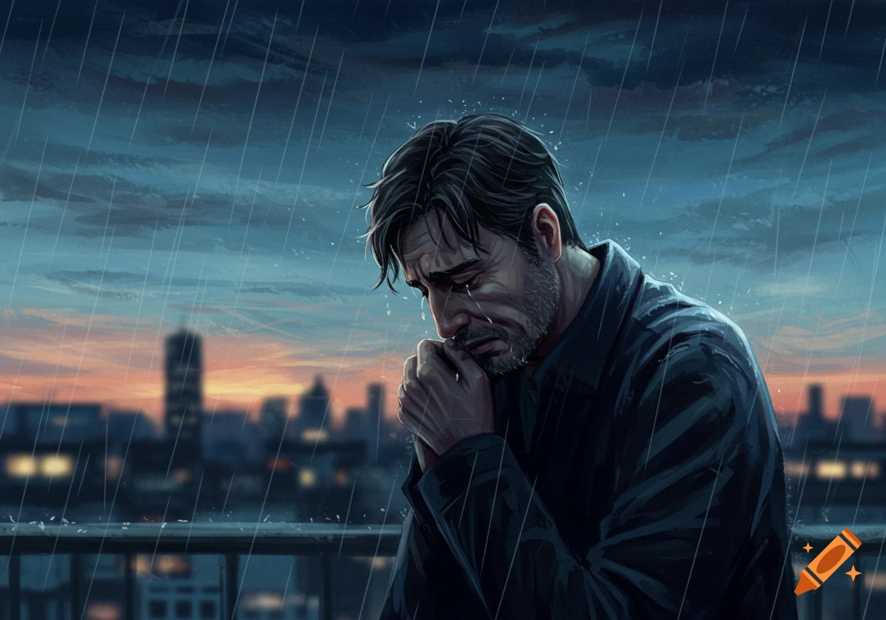 Illustration of a man crying in the rain on a balcony with a city skyline in the background.