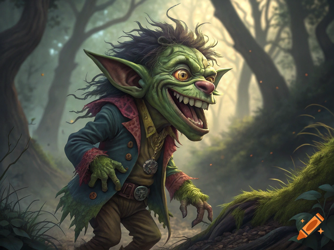 A detailed green goblin with sharp teeth grins in a mystical forest.