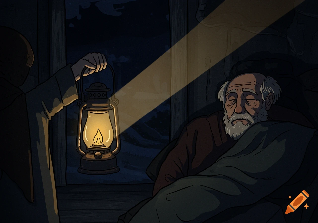 A cartoon illustration of a person holding a lantern, casting light on a sleeping old man.