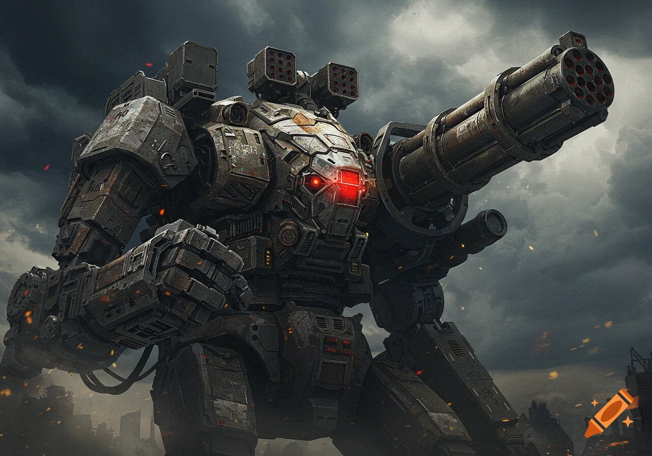 A massive, weathered mecha with red eyes and a large cannon stands against a stormy sky.