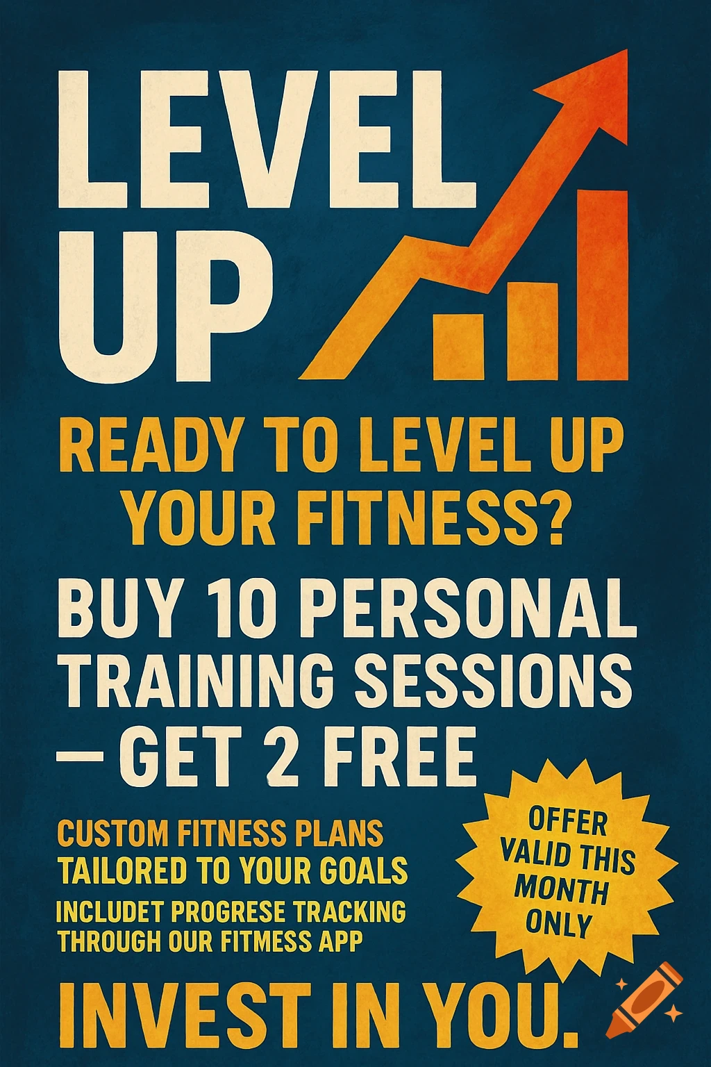 Poster advertising personal training with text 'Level Up' and growth chart graphic.