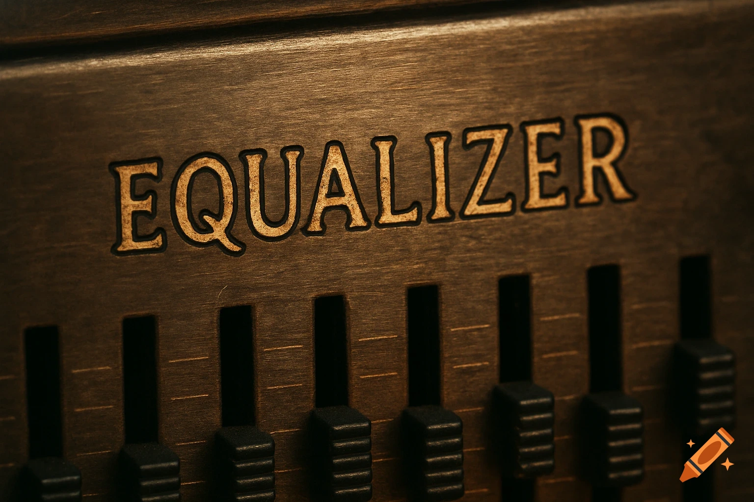 Close-up photo of the word EQUALIZER etched into a wooden audio instrument with sliders.