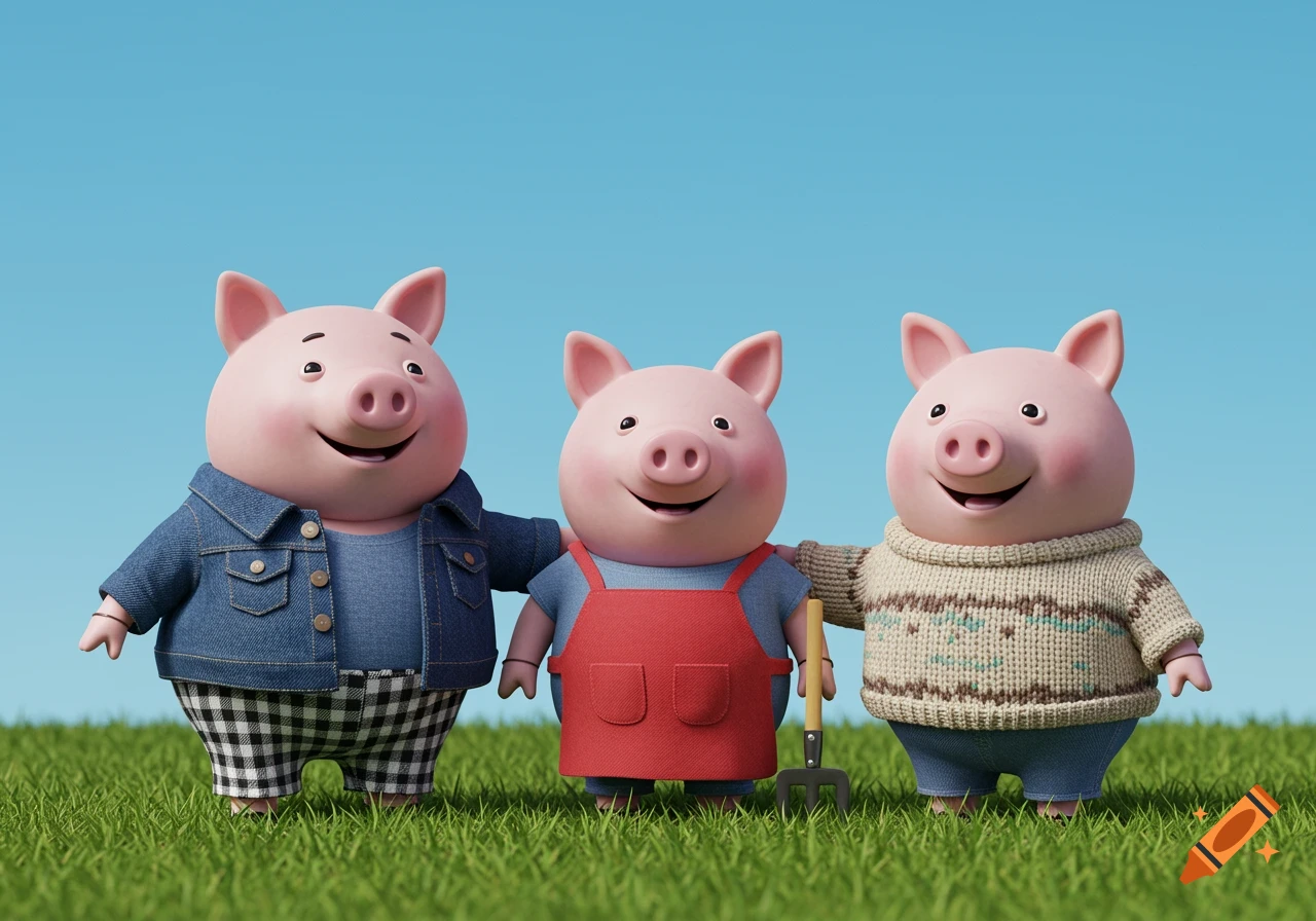 Three cartoon pigs smiling on grass under a blue sky