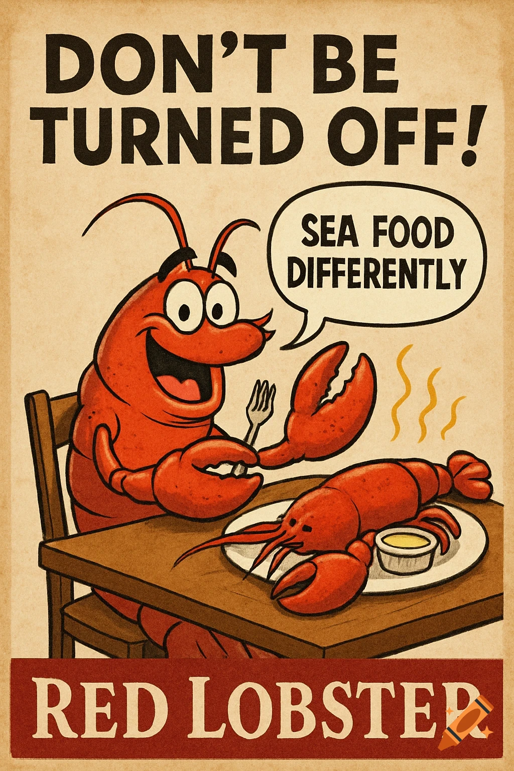 Retro ad poster showing a cartoon lobster eating a cooked lobster at a table, with slogans.