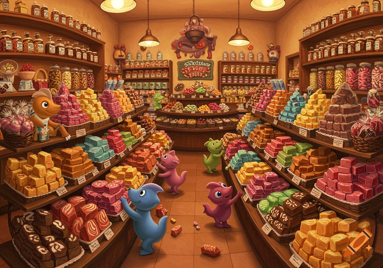Cartoon dinosaurs browse shelves overflowing with colorful candy and fudge in a sweet shop.