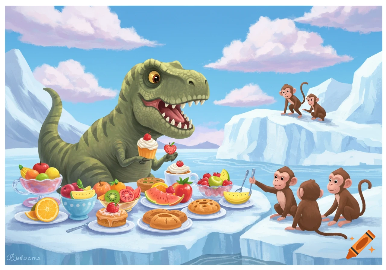 Cartoon dinosaur and monkeys eating breakfast on icebergs.