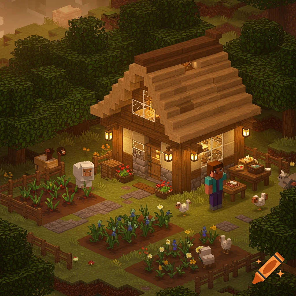 Isometric Minecraft scene of a cozy house with a garden, animals, and a character.