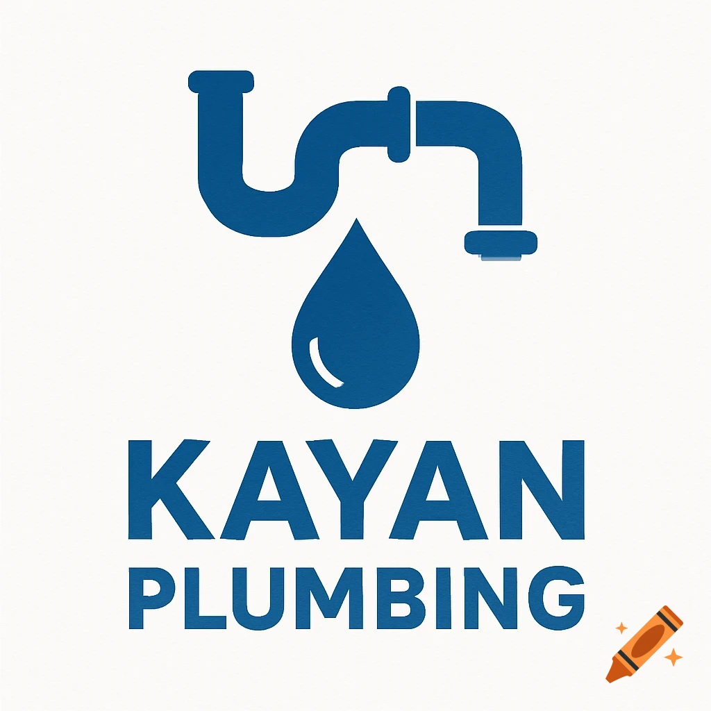 Logo icon with blue pipe and water drop above the text Kayan Plumbing