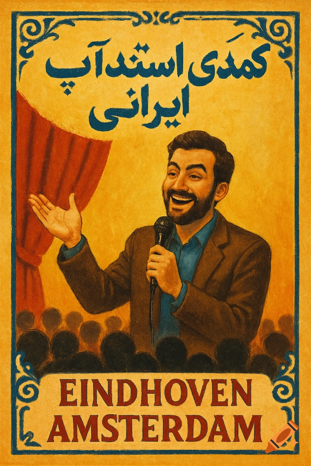 Retro poster of a man speaking into a microphone on stage with Persian and English text.